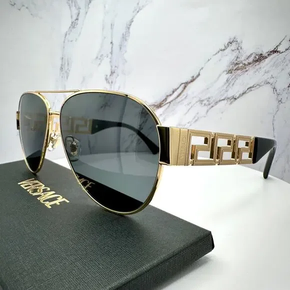 New VERSACE Sunglasses Gold Aviator Pilot Metal Greca Logo Black
